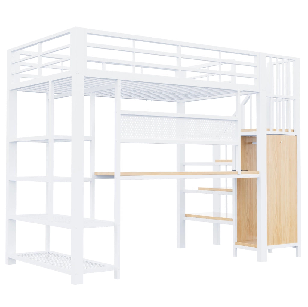 Letto a soppalco 90x200 cm con scala contenitore; LED e prese in metallo e legno bianco