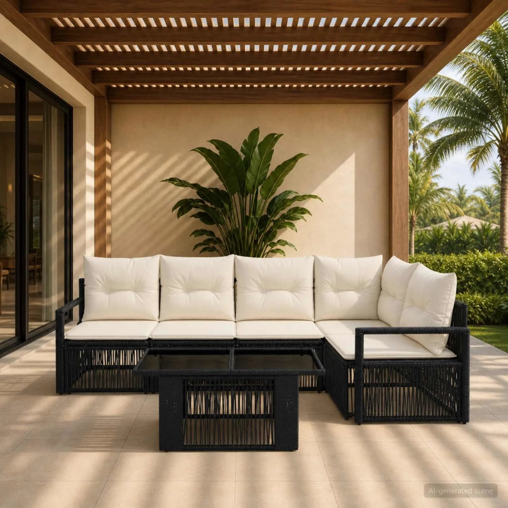 Set Divano da Giardino 6 pz Nero e Bianco Crema polyrattan 3437095