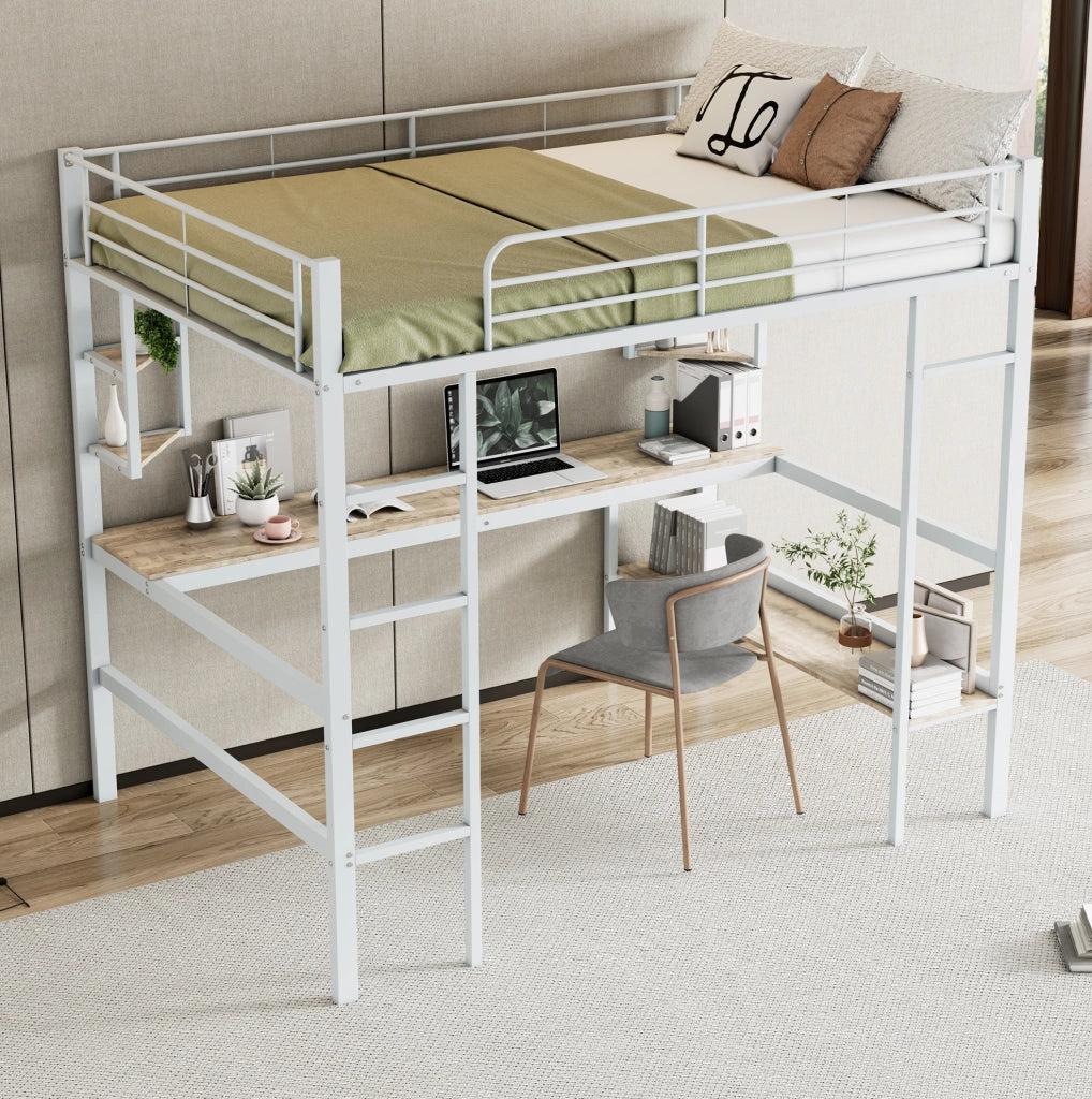 Letto a soppalco 140x200 cm con scrivania e libreria in metallo bianco