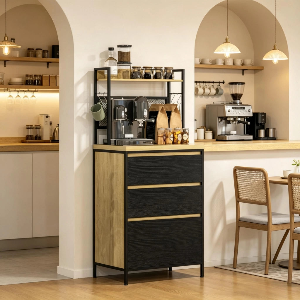 Mobile da cucina industriale con 3 cassetti, piano di lavoro, ripiano e 4 ganci