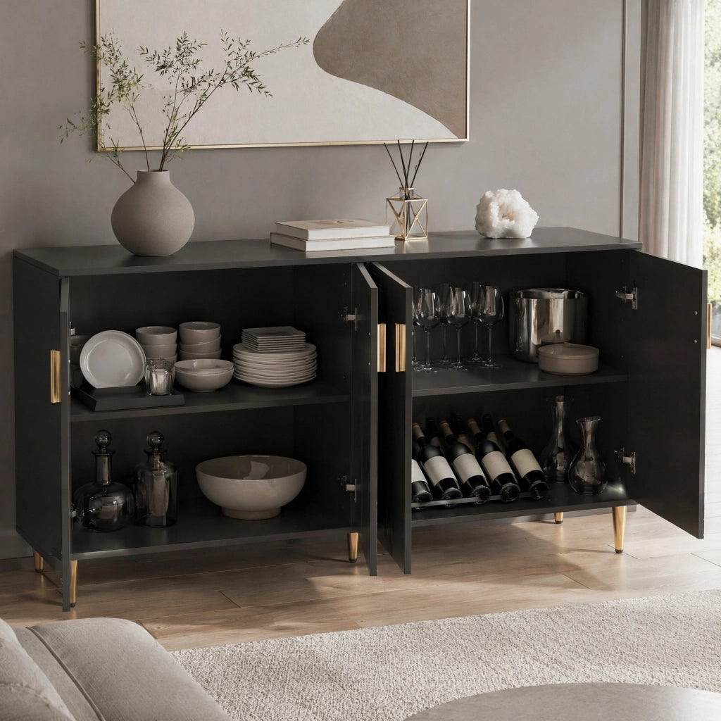 CASSETTIERA L 152 x P 40 x H 75 cm Nera in MDF con dettagli oro