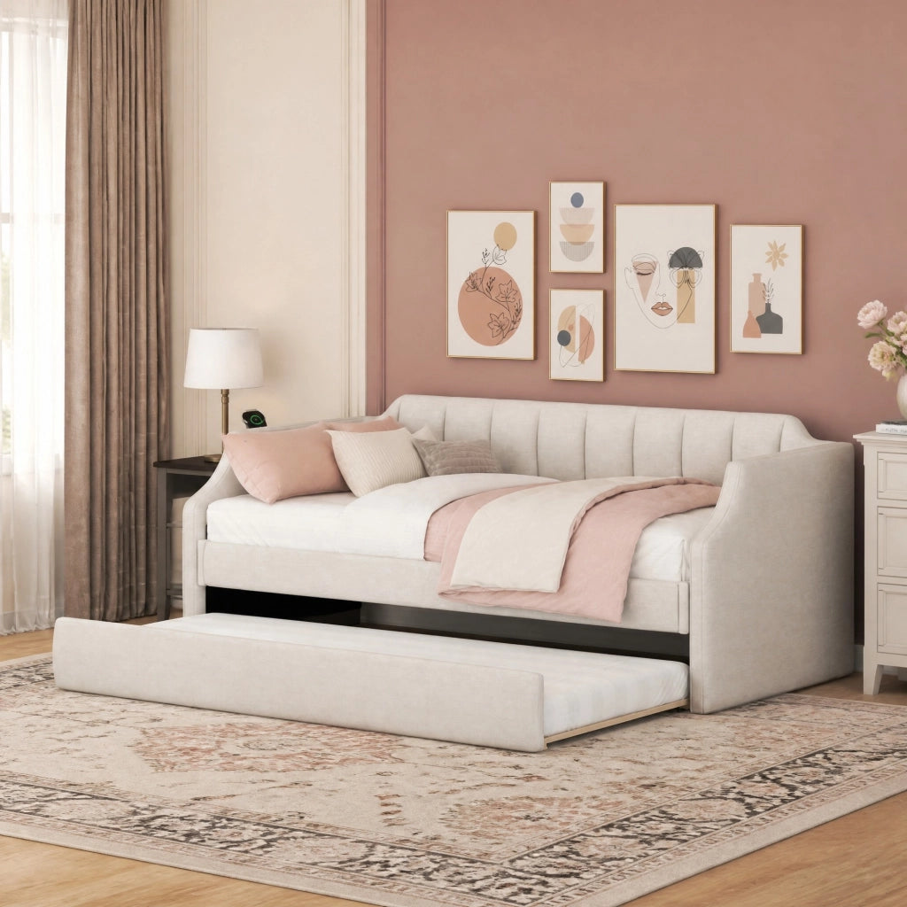 LETTO Singolo imbottito 90x200 cm con letto estraibile Beige