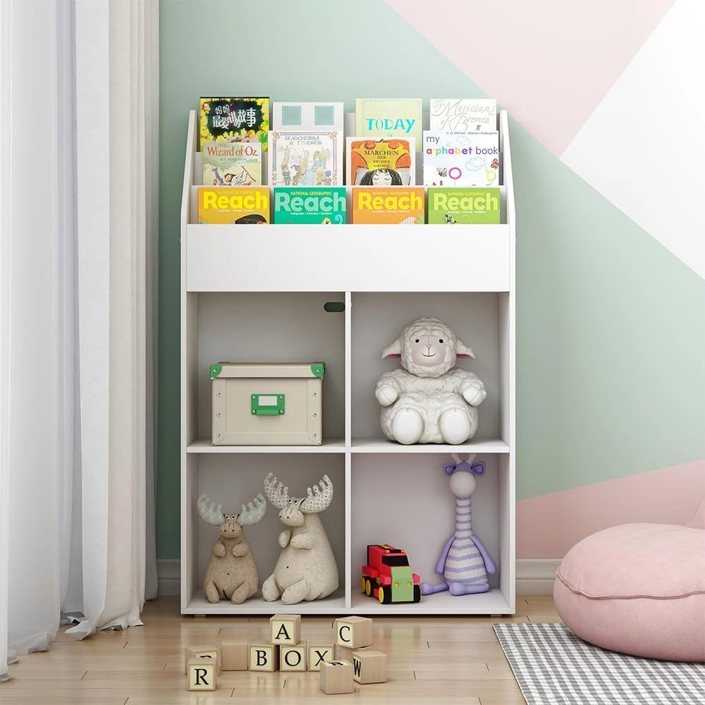 Libreria bambini Conny, Bianco, 72 x 111 cm con 4 ripiani per scatole pieghevoli, adatto per riporre giocattoli e libri