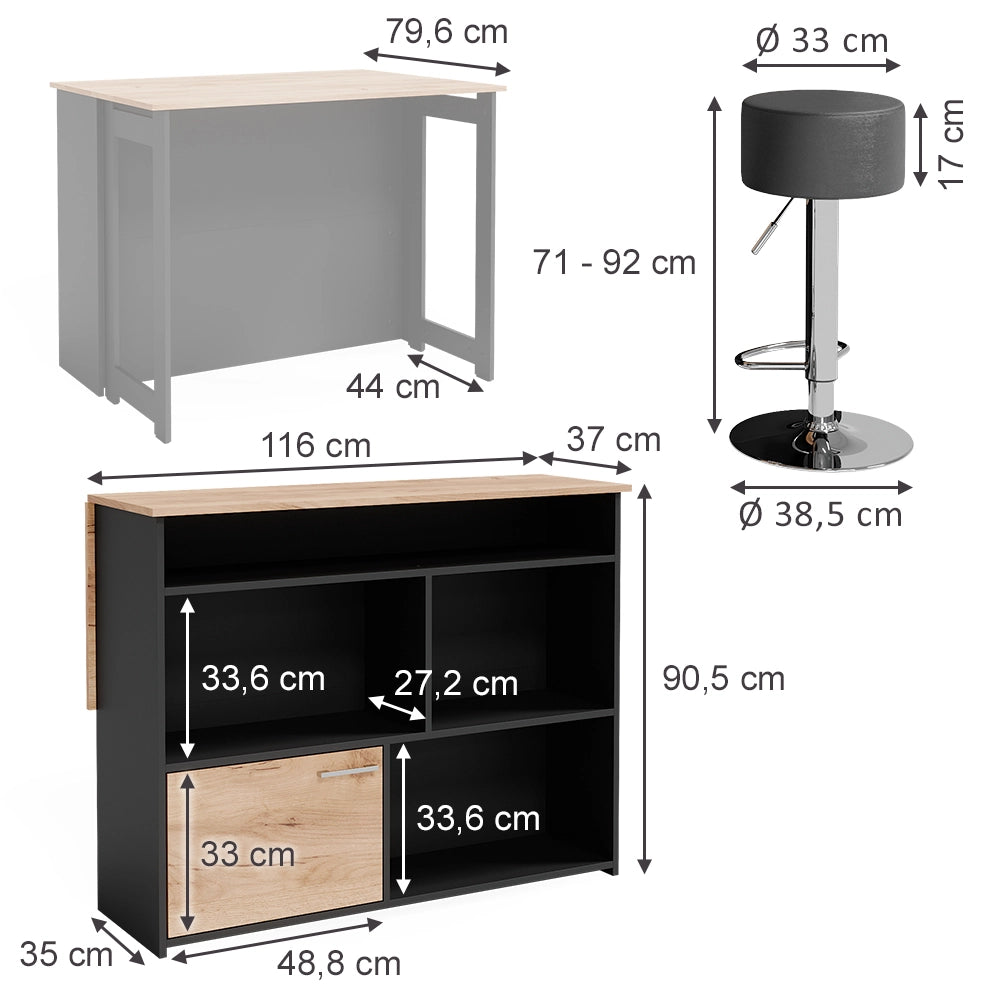 Vicco Set di tavoli da bar Quercia dorata/antracite 116 x 37 cm con 2 sgabelli da bar