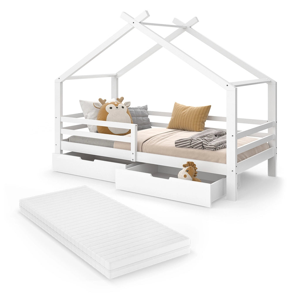 Vitalispa Letto montessori bambini Bianco 200 x 90 cm con cassetti e materasso