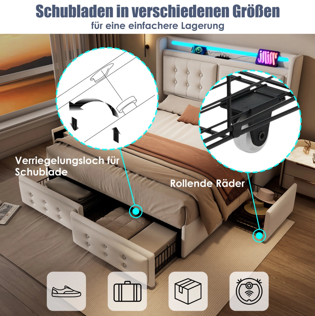Letto matrimoniale 160x200 cm con LED; porte USB e Type-C; 4 cassetti; beige