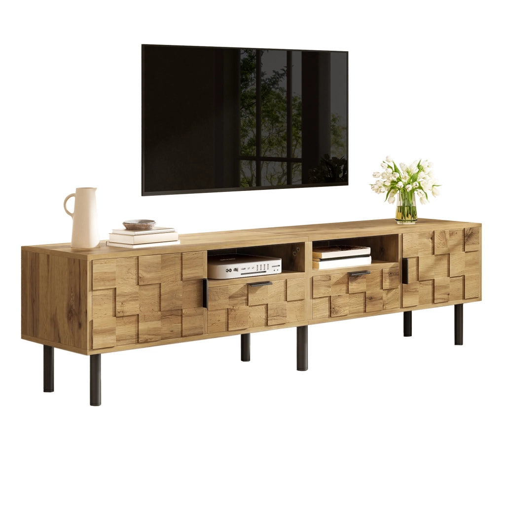 Mobile porta TV con 2 ante, 2 cassetti e 2 vani aperti, per soggiorno, in truciolare, naturale e nero 160 × 35 × 42,5 cm