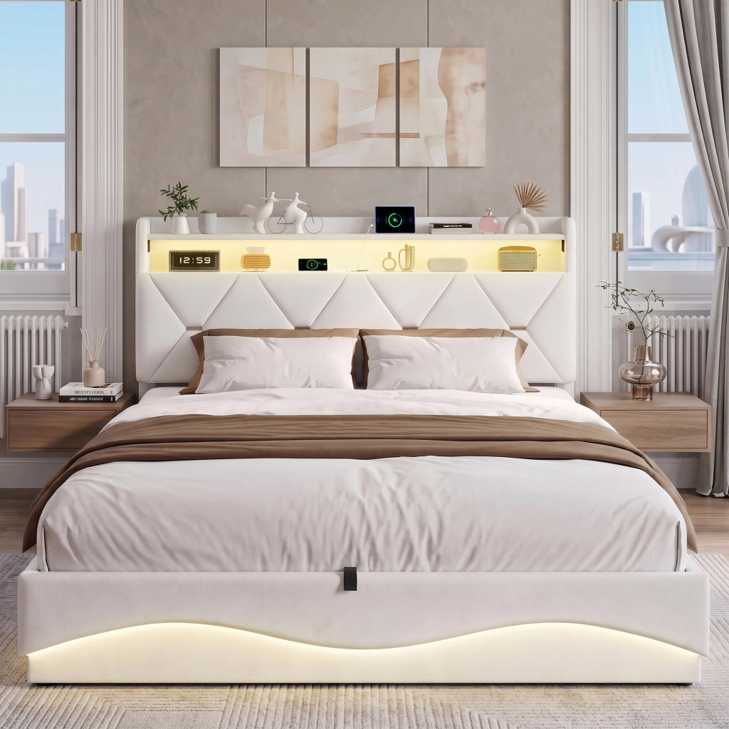 Letto una piazza e mezza 140x200 cm con contenitore LED USB Type-C testiera rete a doghe tessuto - beige