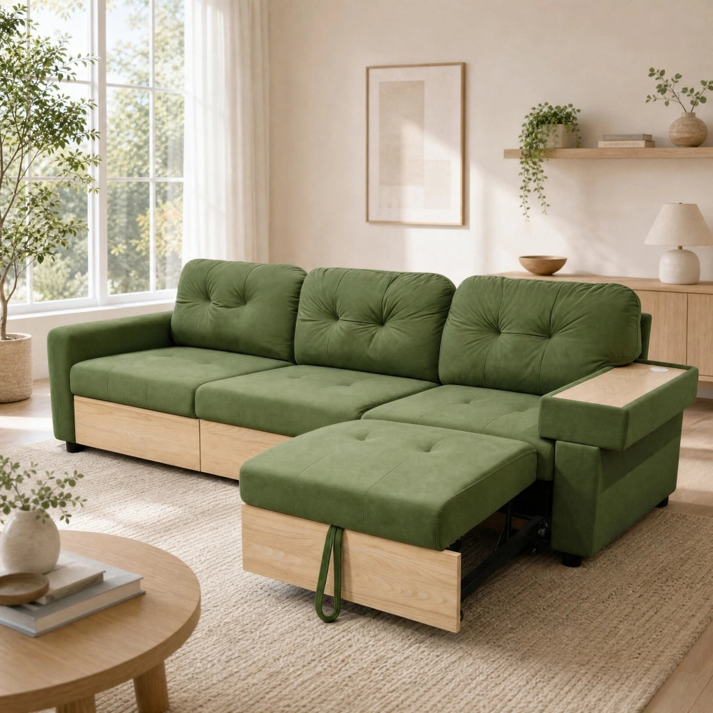 Divano angolare modulare a L con chaise longue estraibile, spazio contenitore e porte USB, in velluto verde per soggiorno