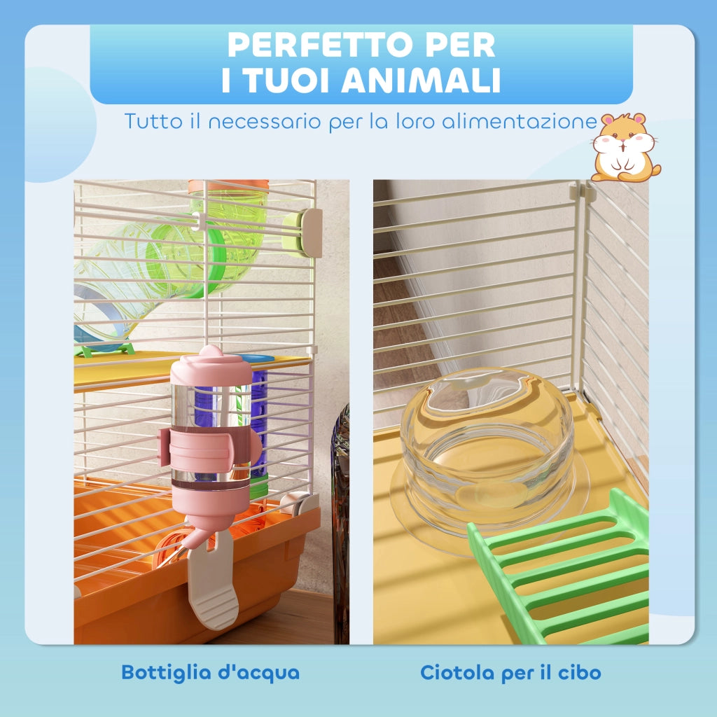 Gabbia per Criceti a 5 Livelli 46x30x58 cm con Tubi Ruota Scale Casetta e Bottiglia in Metallo e PP Arancione