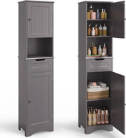 Armadio da bagno alto,Colonna Bagno Stretta con ripiani regolabili, cassetto, scomparto aperto, ante magnetiche e antiribaltamento, 170 x 40 x 30CM Grigio