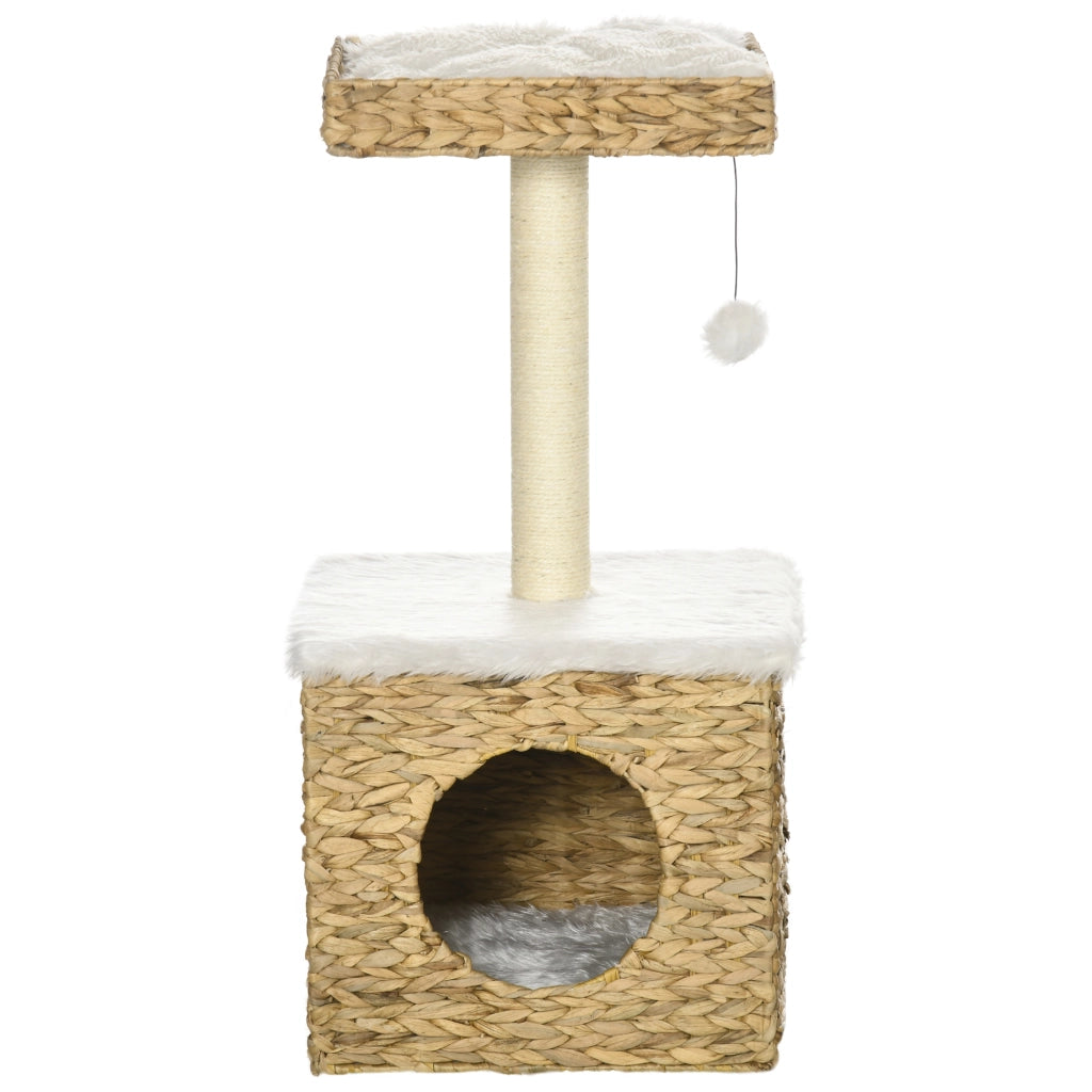 Tiragraffi per gatti 2 livelli con nicchia, palo sisal, piattaforma e pompon ¨C zephmum ¨C naturale