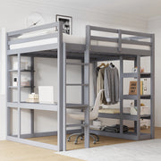 OKWISH Letto a Soppalco 140×200 cm, Letto Matrimoniale con Scrivania, Mensole e Appendiabiti con Aste, senza Materasso, in Legno, Grigio