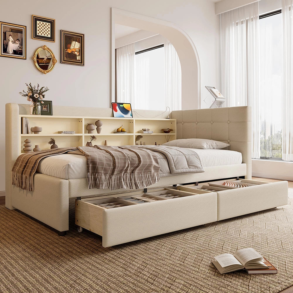 Divano letto 90x200cm?- Xylo - 2 cassetti USB-C lino beige