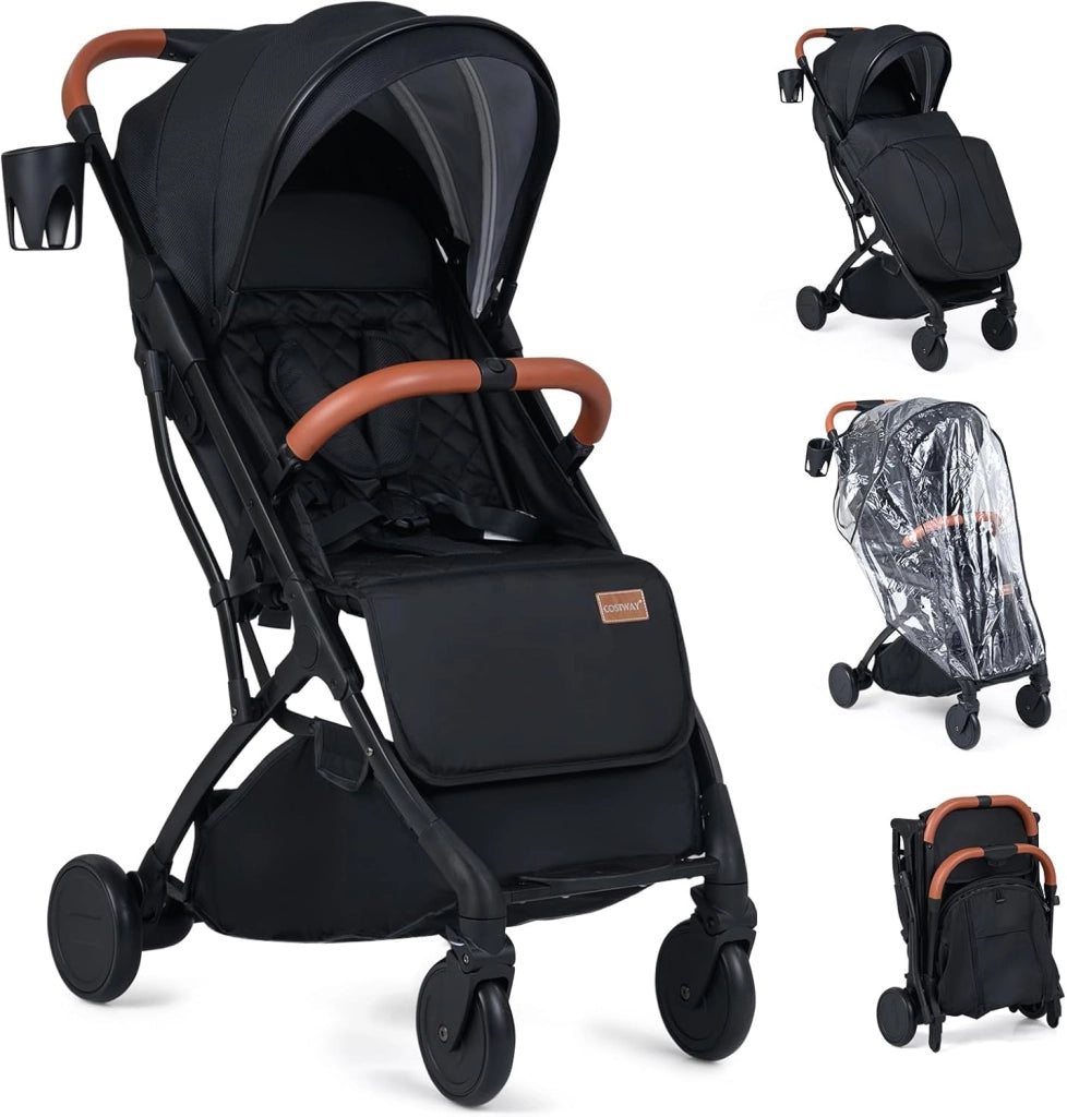 Passeggino Leggero per Neonati con Tettuccio, Schienale e Poggiapiedi Reclinabili, Passeggino Pieghevole con Portabicchieri, Cestello Portaoggetti, per Bambini 0-3 Anni (Nero)