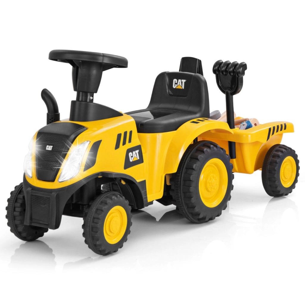 Trattore cavalcabile per bambini 1,5-3 anni con rimorchio staccabile pala rastrello clacson, Trattore scorrevole Giallo-Macchinine giocattoli