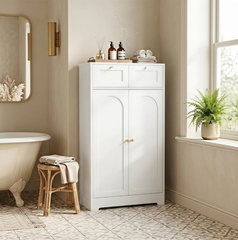 Mobiletto bagno bianco con 2 cassetti e ripiano regolabile 60x30x108 cm