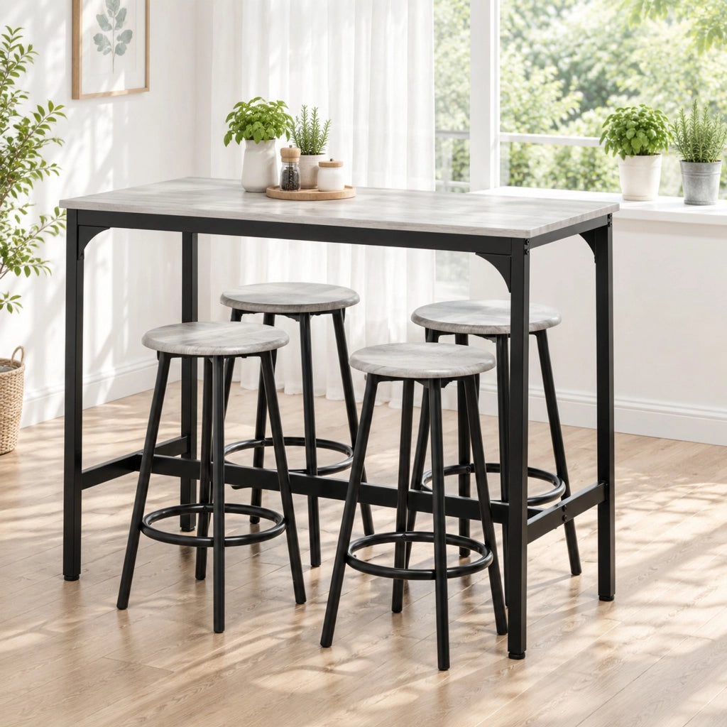 Set tavolo bar con 4 sgabelli in MDF e metallo grigio