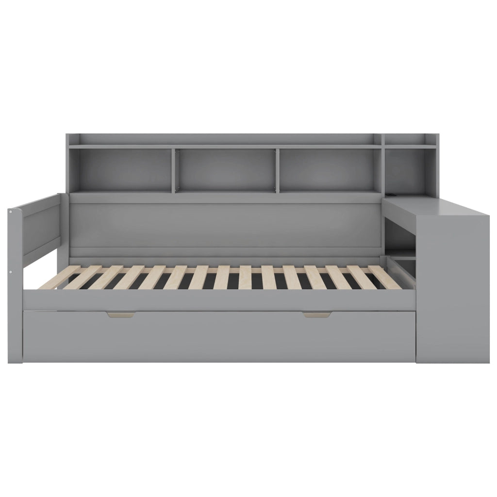 Letto singolo salvaspazio 90×200 cm con 2 cassetti; USB; prese e scrivania; senza materasso; grigio
