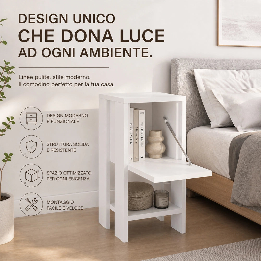 Comodino Mobiletto 2 Ripiani con Anta Tavolino Design Moderno in legno Bianco
