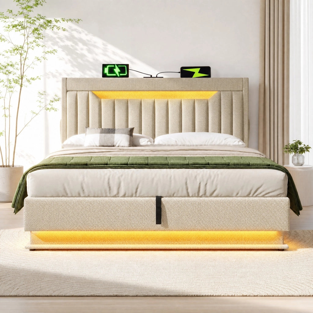 LETTO imbottito 140x200 cm Beige in lino con LED e USB