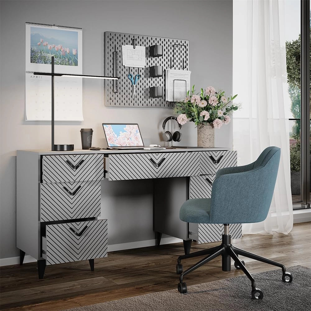 Scrivania Anett, Grigio, 150 x 45 cm con 7 cassetti, adatto per l'uso come postazione di lavoro o ufficio domestico