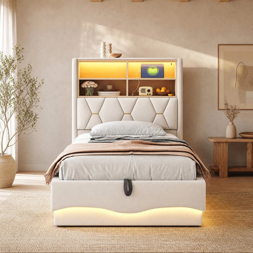 Letto multifunzione per bambini e ragazzi 90x200 cm con LED; USB e contenitore; beige