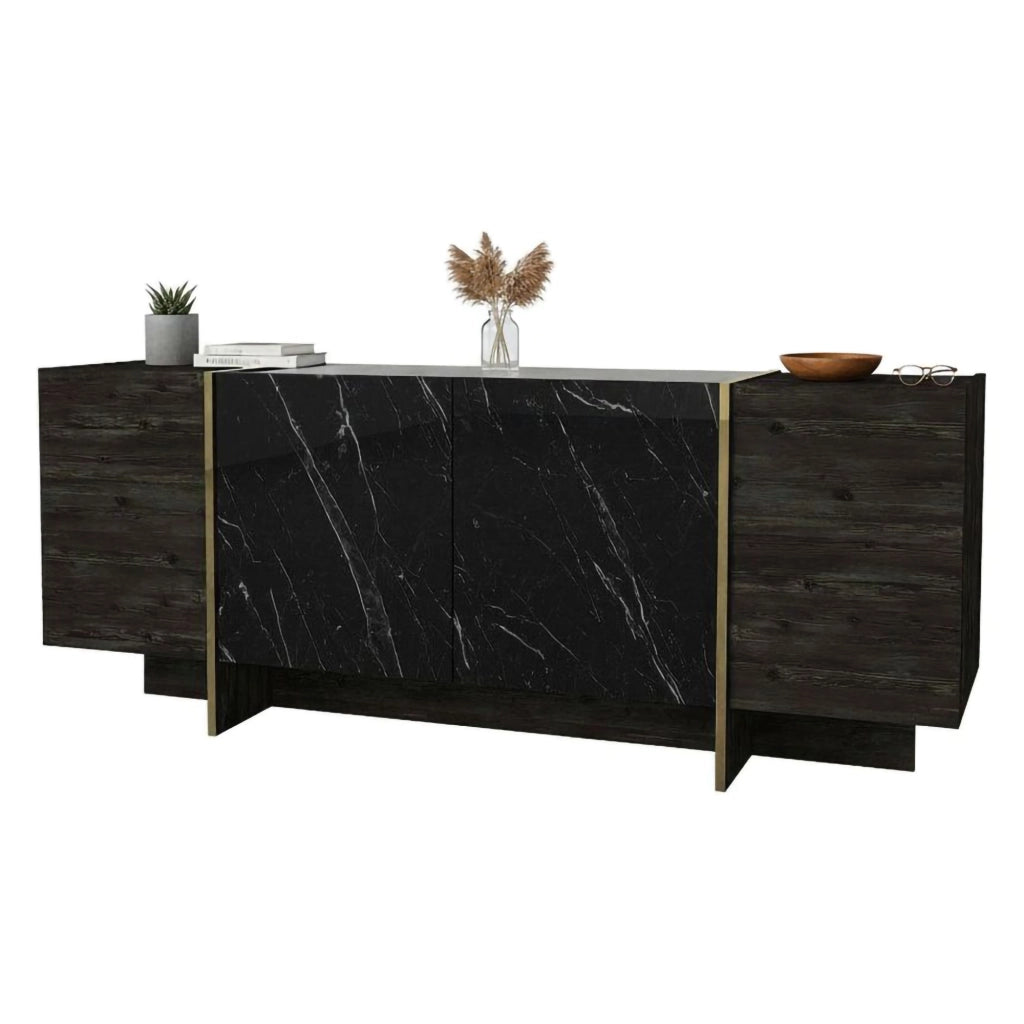 Credenza Asto, Buffet da soggiorno, Madia da salotto, Dispensa da cucina, 180x47h76 cm, Nero e Oro