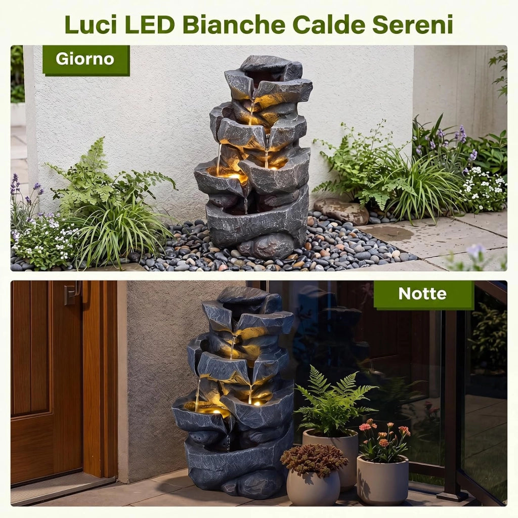 Fontana da Giardino a 5 Livelli con Luci e Flusso Regolabile | Fontanella Cascata Elettrica a Forma di Roccia con Effetto di Pietra da Terrazza e Balcone