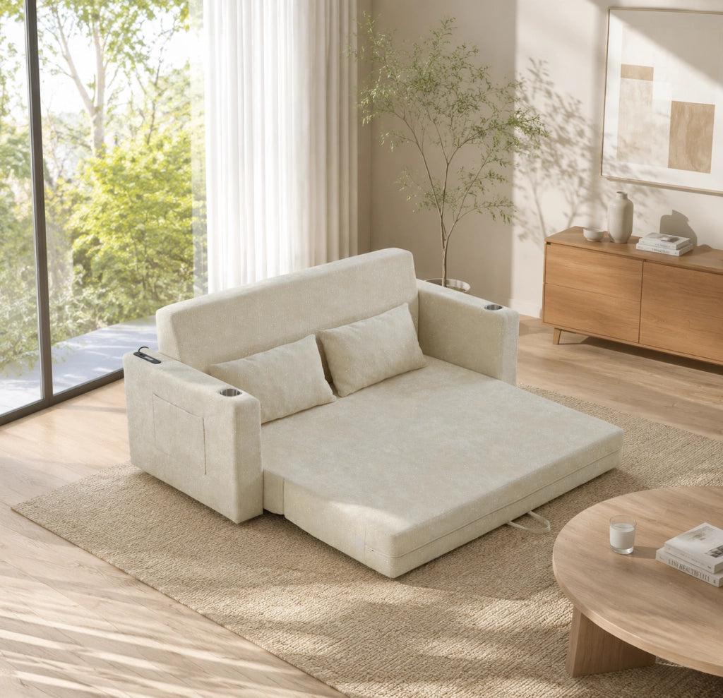 Divano letto a 2 posti con funzione letto, USB, portabicchieri e tasche laterali in morbida chenille beige
