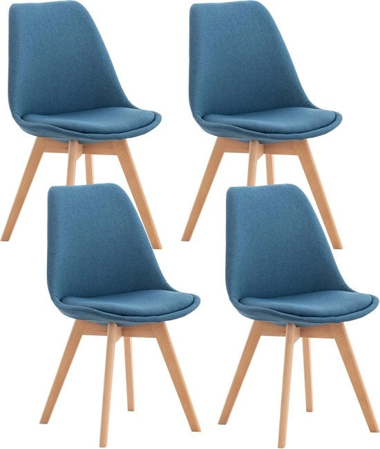 Sedia di Design Moderno - Blu - Legno di Faggio - Con Schienale e Sede in Pelle - Set di 4 - Per Cucina e Bar