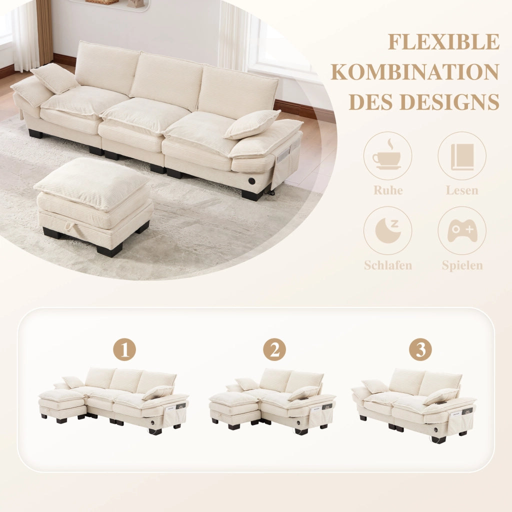 Divano modulare a 3 posti in velluto a coste con pouf seduta ergonomica USB-C e tasche laterali beige