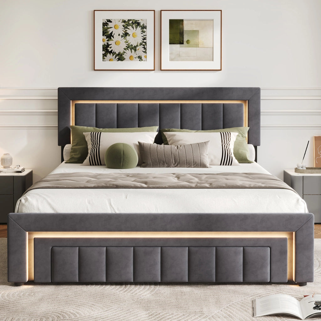 Letto matrimoniale contenitore 140x190 cm grigio antracite in velluto con LED, cassetto e rete a doghe
