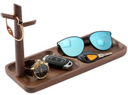 Bacchetta per chiavi in legno per tavolo da notte, cassetto per gioielli, cassetto con 3 ganci per anelli, telefono, bracciali e orologi (legno di noce)
