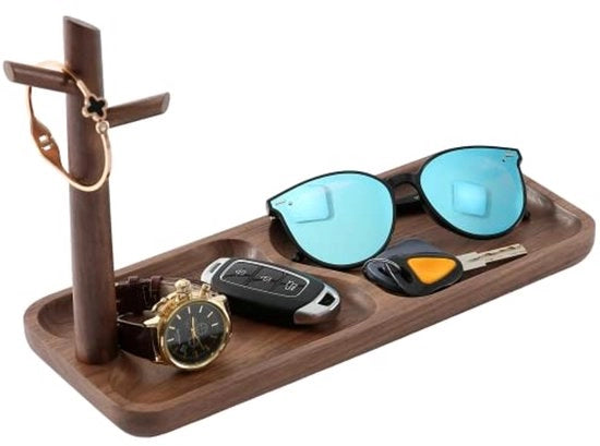 Bacchetta per chiavi in legno per tavolo da notte, cassetto per gioielli, cassetto con 3 ganci per anelli, telefono, bracciali e orologi (legno di noce)