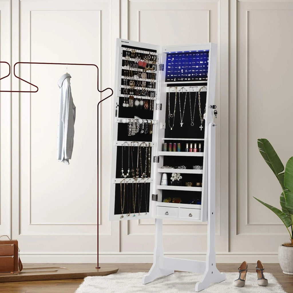 SONGMICS Armadio Portagioie con Luce a LED, Specchiera, Armadietto per Gioielli Bloccabile con Chiavi, 2 Cassetti, Bianco JBC94W