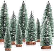Mini Albero di Natale Verde - 10/15/20 cm con Effetto Neve e Base in Legno, Decorazione da Tavolo - Set di 9 Pezzi
