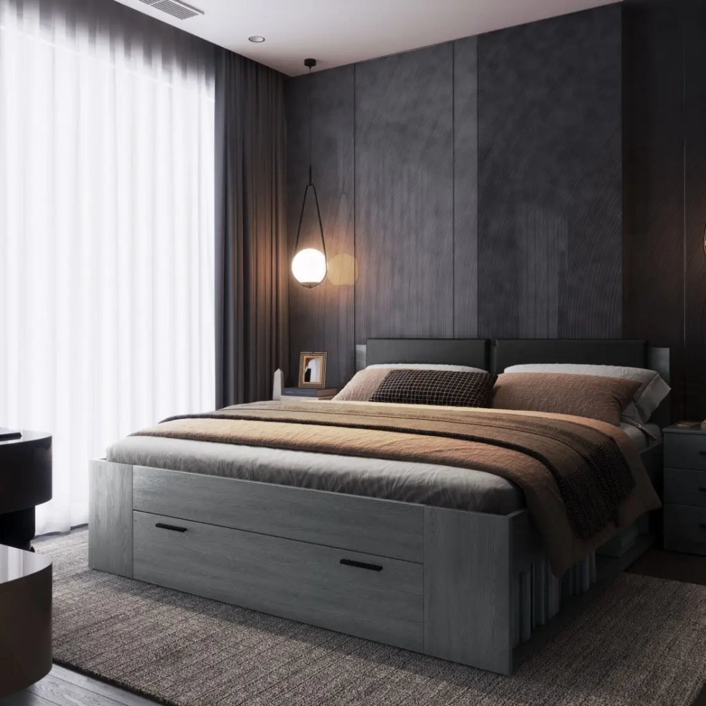 Letto adulto 180x200 con doghe e cassetti integrati - Collezione FLOYD. Colore grigio effetto legno.