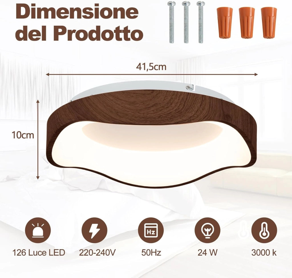 Lampada da Soffitto LED, Plafoniera LED Moderna da 24W Effetto Legno con Telaio in Metallo 3000K, Ideale per Camera da Letto, Soggiorno, Bagno, Corridoio e Ufficio [Classe di efficienza energetica F]