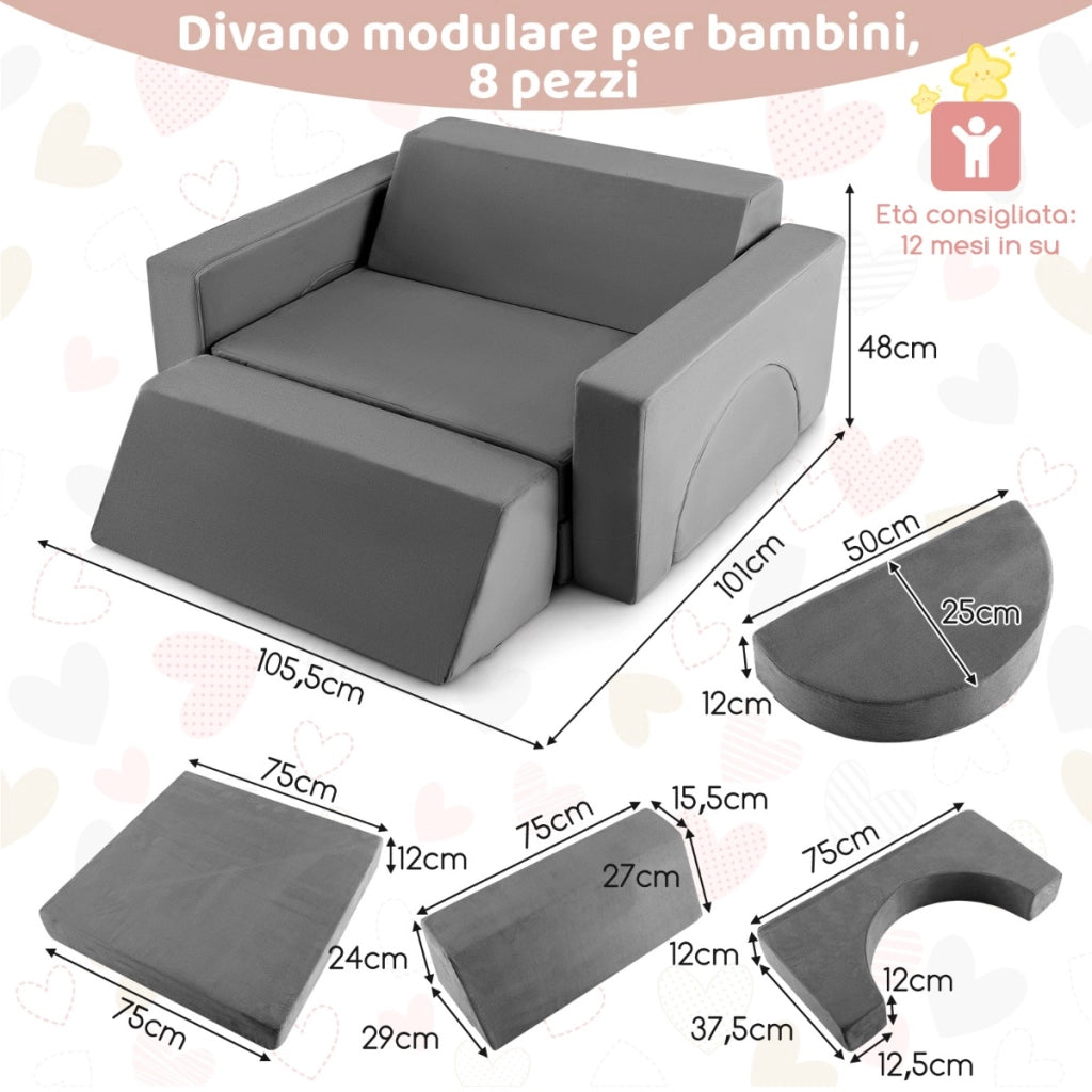 Divano modulare per bambini 8 pezzi, Divanetto creativo per bambini con copertura staccabile per sala giochi Grigio-Divani per bimbi