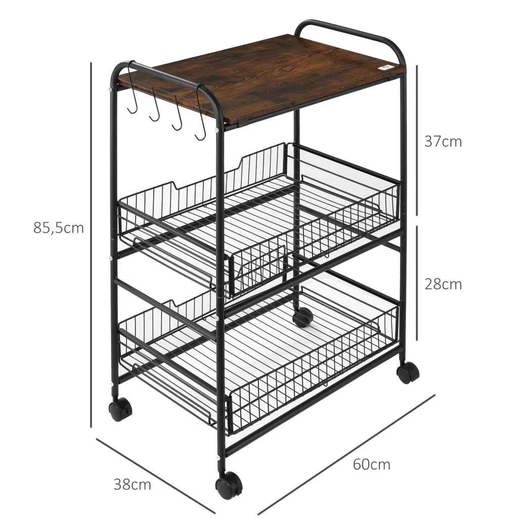Carrello Portautensili da Cucina con 3 Ripiani e Ruote ¨C zephmum ¨C 60x38x85,5 cm Marrone