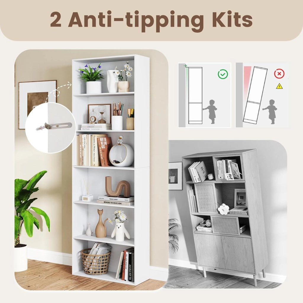 Libreria a 6 Livelli, Mobile Contenitore Aperto con 2 Kit Anti-Ribaltamento, Piedini Antiscivolo, Scaffale Moderno per Soggiorno, Camera da Letto e Ufficio, 660 x 23,5 x 178 cm (Bianco)