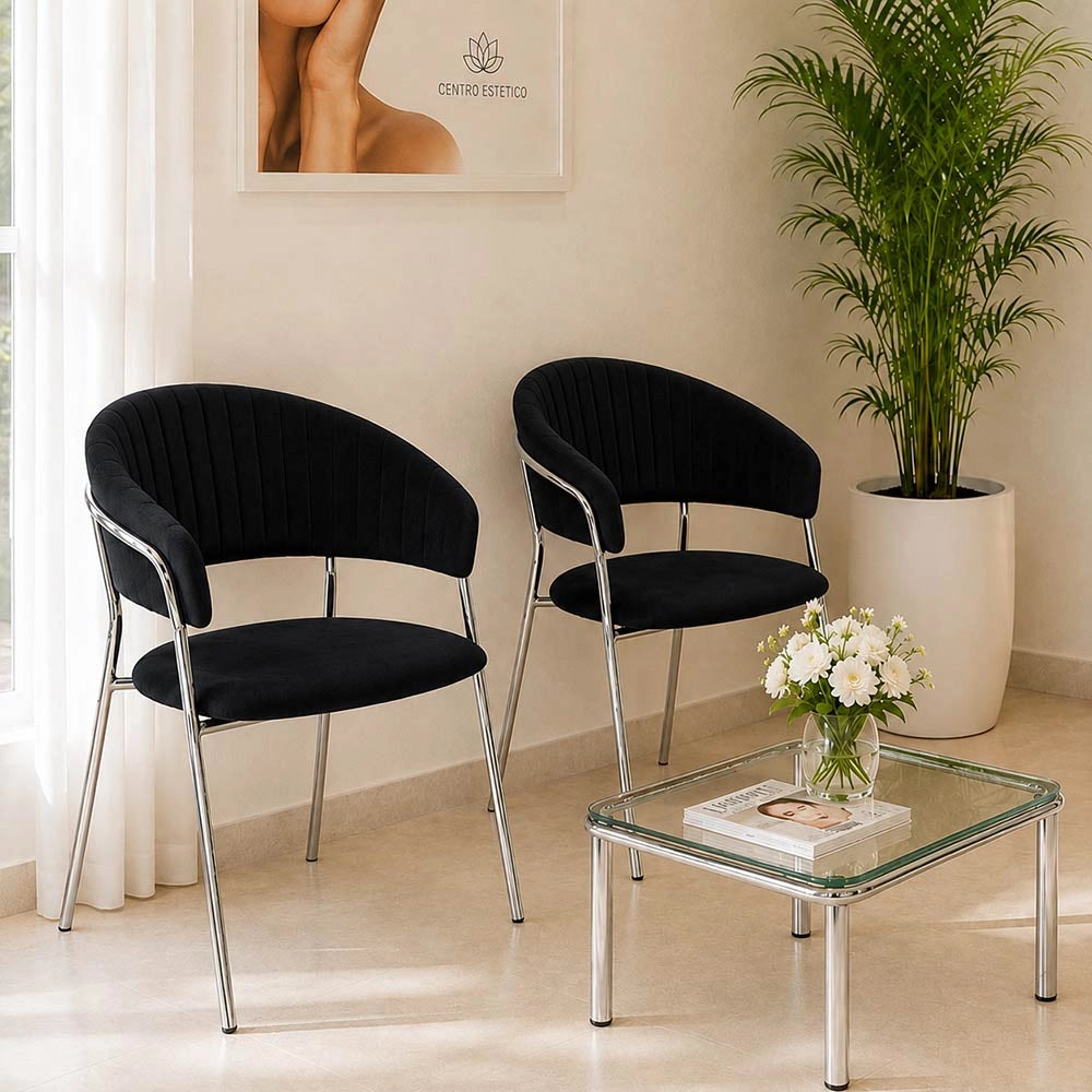 Sedie da pranzo set da 2 Aurelia in velluto nero con gambe in ferro cromato