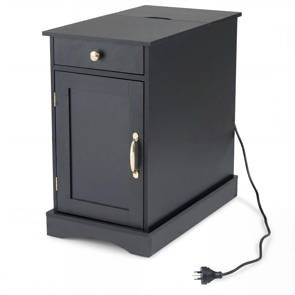 Tavolino divano 2 pz ricarica cassetto armadietto ripiano regolabile-Tavolino legno comodino stretto soggiorno camera bianco Nero