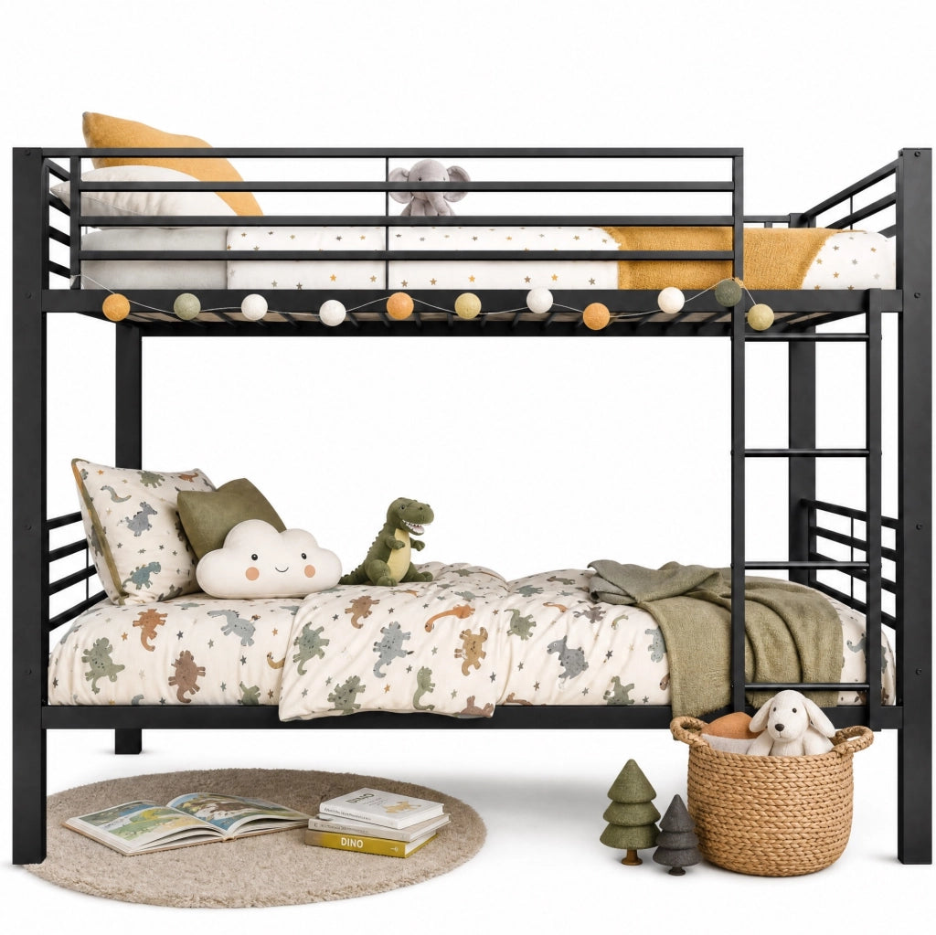 Letto a castello in metallo nero con scala reversibile e spazio contenitivo