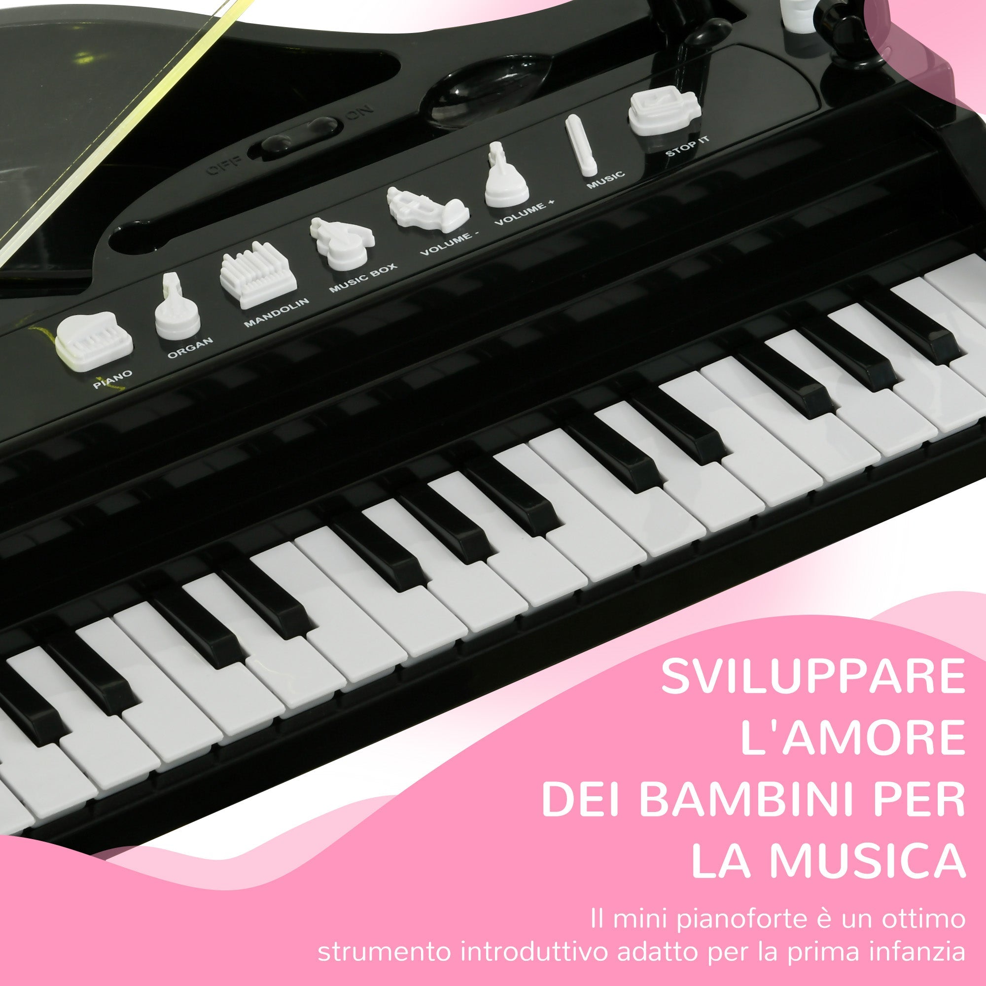 Mini Pianoforte Giocattolo per Bambini a 32 Tasti con Sgabello Microfono Musiche Luci e Gambe Rimovibili Nero