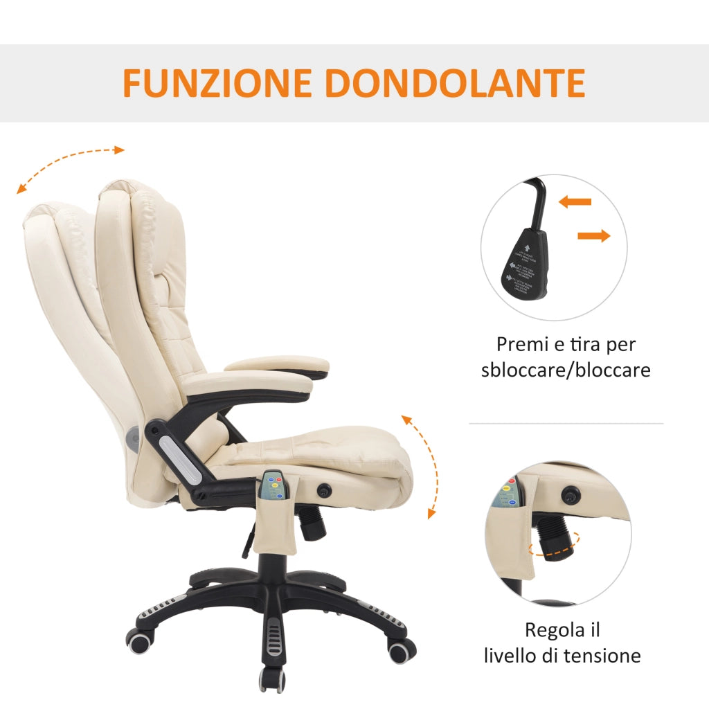 Poltrona Massaggiante da Ufficio ad Altezza Regolabile con 6 Punti Massaggianti. in PU. 62x68x111-121 cm. Beige