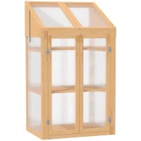 Mini Serra, piccola serra con telaio in legno, finestra e doppia porta, 3 ripiani, 70L x 50P x 120A cm, Marrone