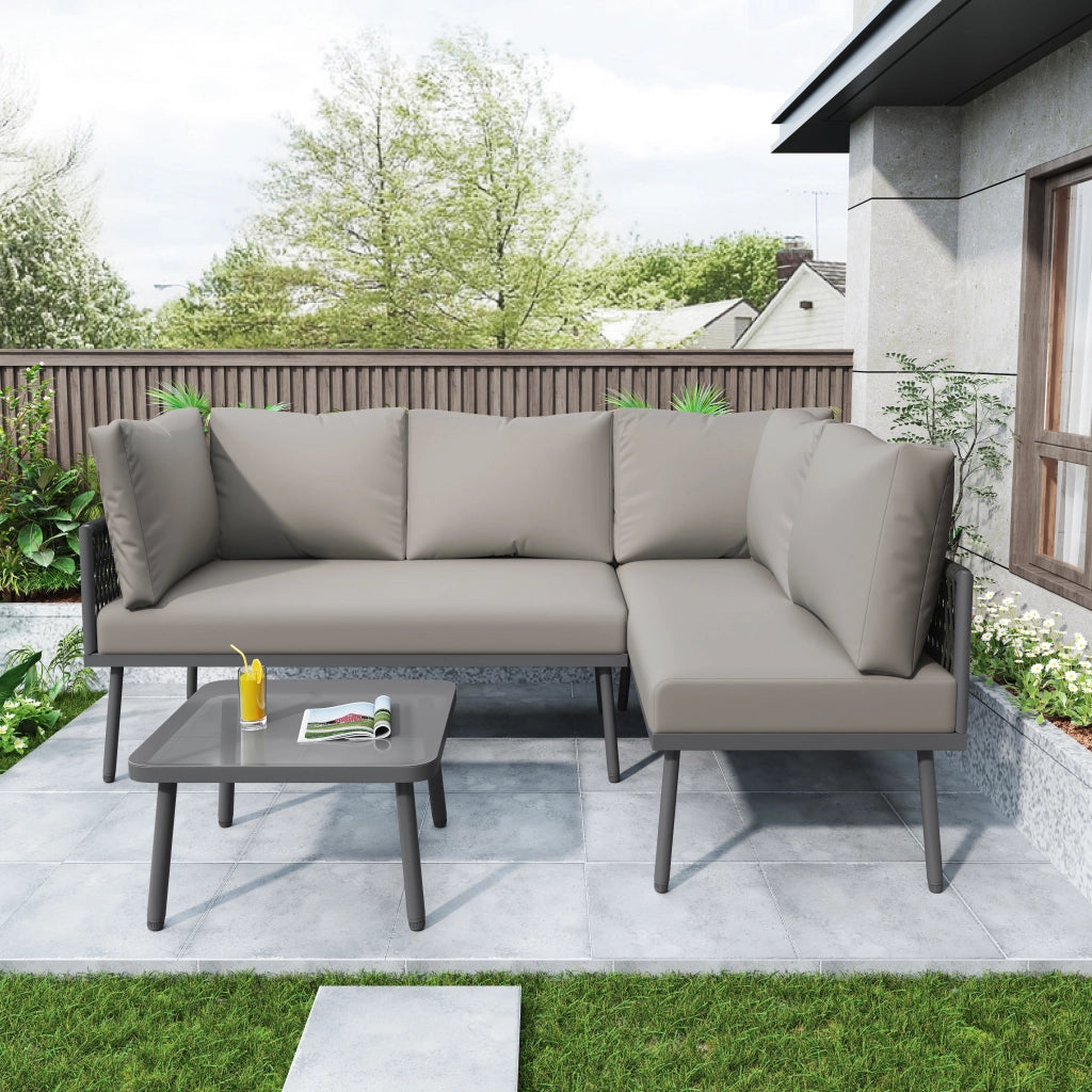 Set giardino lounge: metallo forma L; corda grigia intrecciata; cuscini seduta; piedini regolabili; 2 Divanooi + 1 tavolo