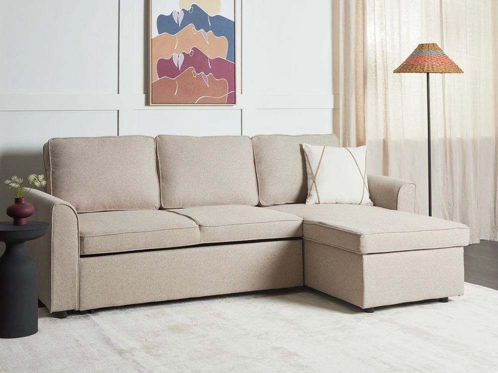 Divano letto ad angolo imbottito in tessuto beige versione sinistra con contenitore classico